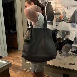 Oliveve Grey Leather Tote with Horsehair Tassel